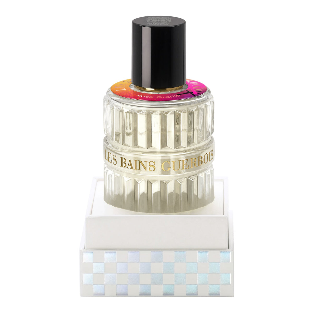 Les Bains Guerbois Rose Graffiti bottle in its open bell box